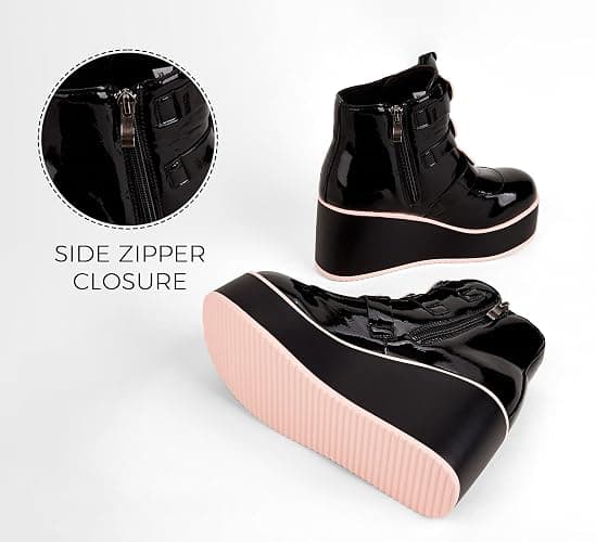 LUCKY STEP Women Platform Chunky Ankle Boots - Round Toe Zipper Wedges High Heels Rave Buckle Thick Sole Goth Booties thumbnail 9