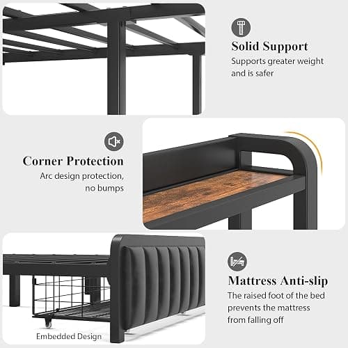 Full Size Bed Frame and Upholstered Storage Headboard, LED Light, Black | Built-in Charging Station, Wheeled Under-bed Drawers, Heavy-Duty Metal Slats, Noise-Free, Easy Assembly, No Box Spring Needed thumbnail 6