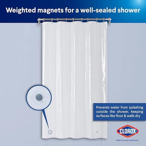 Clorox Shower Curtain Liner, Premium Medium-Weight Durable Waterproof 6g PEVA for Bathroom with Weighted Magnets, Extra Long 54" x 78", Clear 1 Pack thumbnail 8