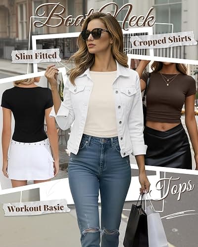 Riyiper 3 Pcs Women's Short Sleeve Crop Tops, Boat Neck Slim Fitted Cropped Shirts Workout Basic Tops thumbnail 4