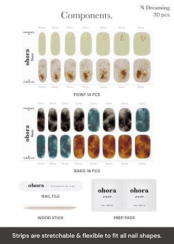 ohora Semi Cured Gel Nail Strips (N Dreaming) - Dark, Patterned, Works with Any UV/LED Lamps, Salon-Quality, Long Lasting, Easy to Apply & Remove - Includes 2 Prep Pads, Nail File & Wooden Stick thumbnail 6