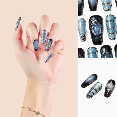 Sun&Beam Nails Handgefertigte Kunstnägel Mittel Lang Sargform Ballerina Nägel zum Aufkleben in Blau Schwarz Verlauf Handgemalt Magnetisches Design mit Klebepads 10 Stück (#138 M) thumbnail 2