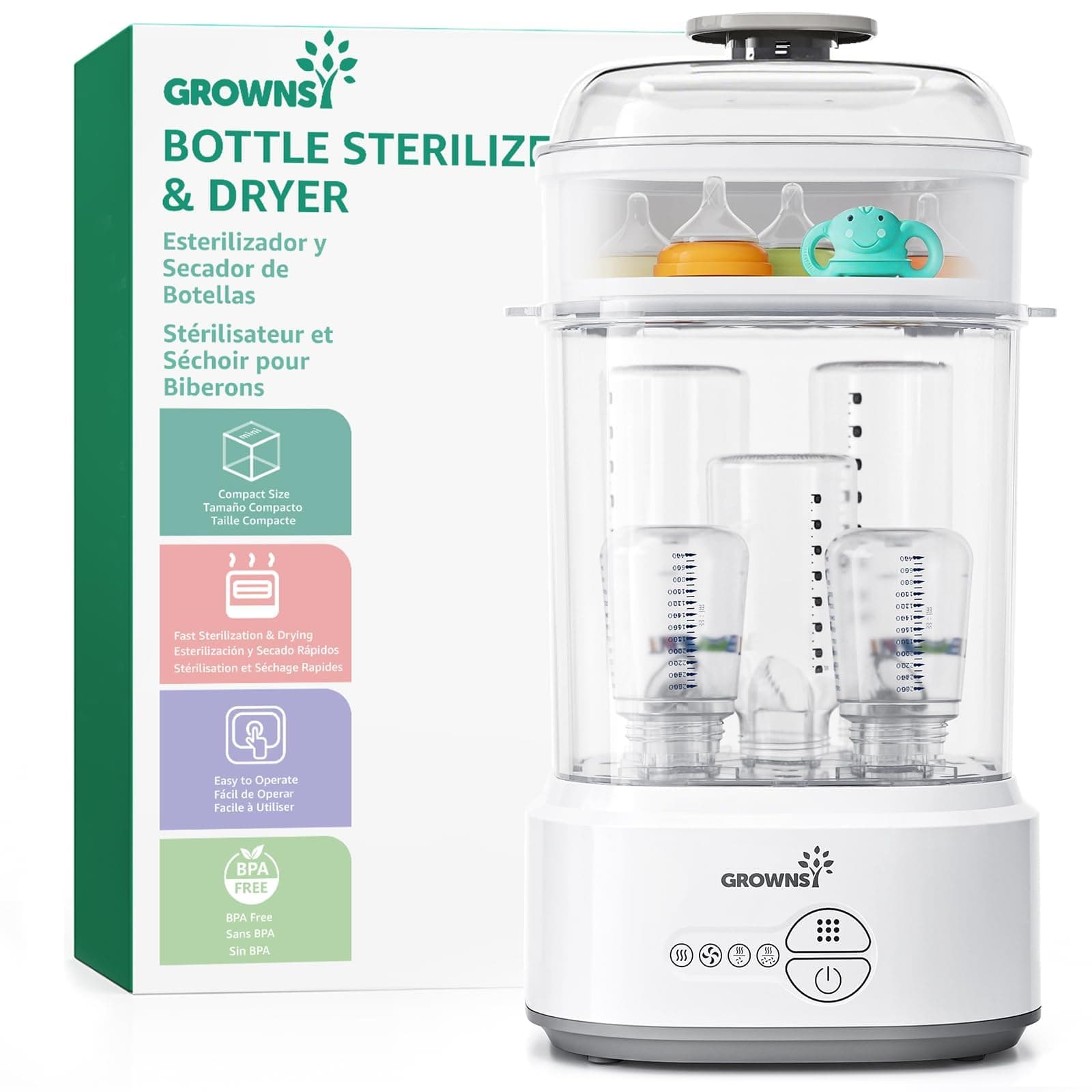 GROWNSY Bottle Steriliser and Dryer, Compact Electric Steam Baby Bottle Sterilizer, Bottle Sanitizer for Baby Bottles, Pacifiers, Pump Parts, White - Image 1