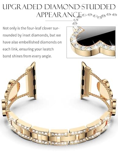 CTYBB Bling Diamond Band Compatible with Apple Watch Bands for Women 42mm 44mm 45mm 46mm Series 11 10 9 8 7 6 5 4 SE 3 2 1, Sparkle Metal Bracelet Wristband, Cute Lucky Clover Dressy iWatch Band,Gold/Black thumbnail 4