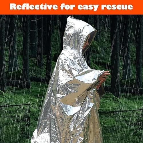 Kanuothbon Emergency Survival Poncho (4pc) Thermal Mylar Foil Coating Blanket for Heat Retention and Rain | Reversible with Hood | Waterproof, Windproof, Portable thumbnail 6