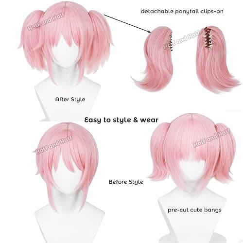 Half and Half Mado-ka Cosplay Wig Pink Anime Ponytail Wigs with Bangs Short Light Pink Cute Lolita Twin Tails Wig for Women Halloween Party Costumes thumbnail 5