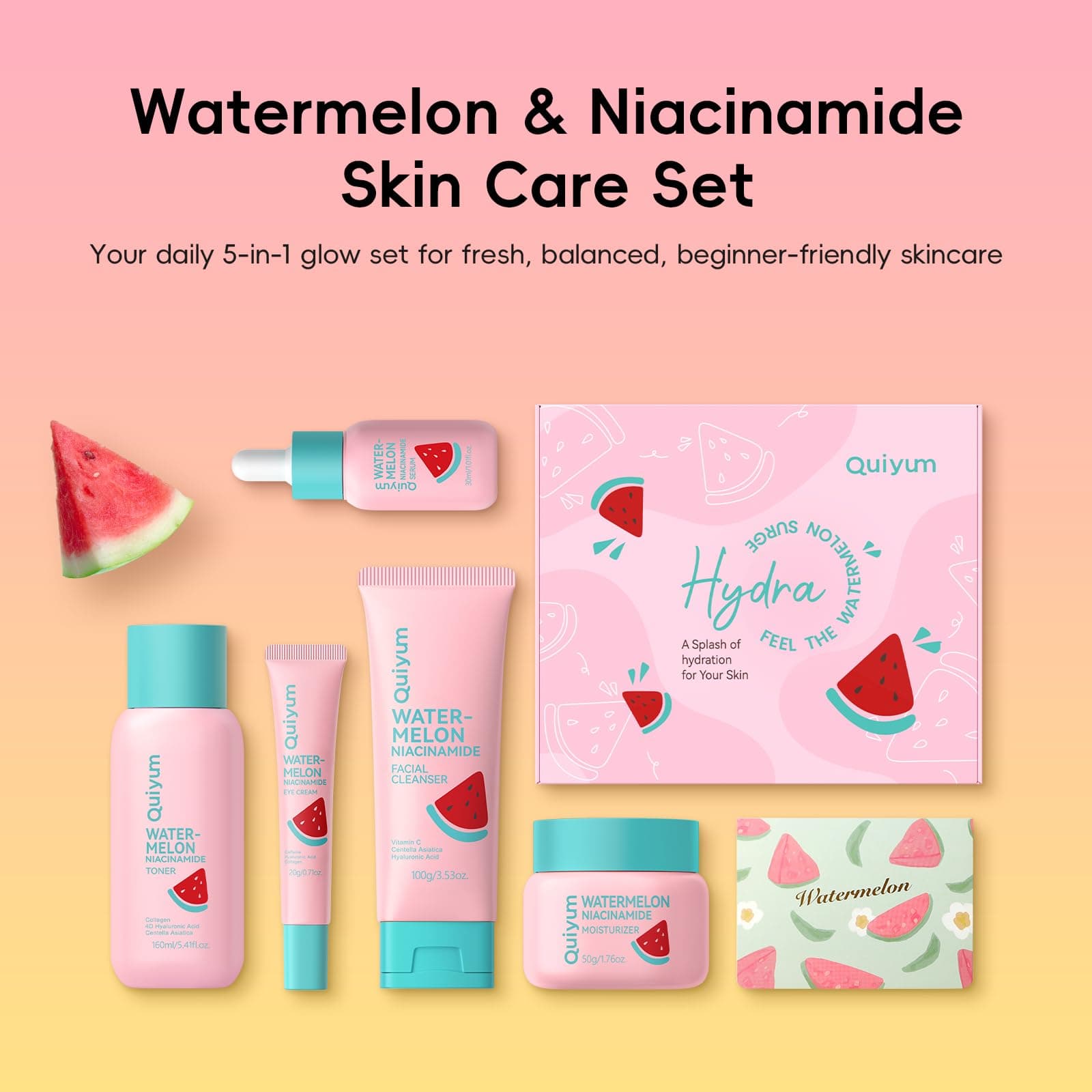 Watermelon Skin Care Set, 5 Daily Routine Beauty Skin Care for Teens 10-12 - Gift Set with Cleanser, Toner, Eye Cream, Cream, Serum, Facial Care Set for Women, Girls, Travel Sets, for All Skin Types thumbnail 2