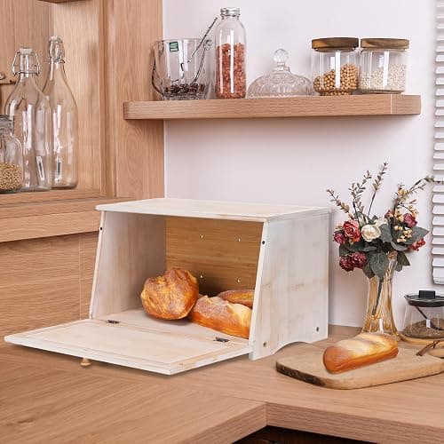 HOMEKOKO Vintage Large Wood Bread Box for Kitchen Counter, Retro Design Single Layer Bamboo Large Capacity Food Storage Bin (White) thumbnail 2