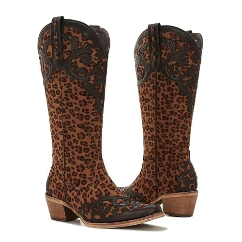 ZXHYZLZ Women's Knee High Leopard Print Cowboy Boots – Western Cowgirl Boots with Mid Heel Pull-On Style thumbnail 4