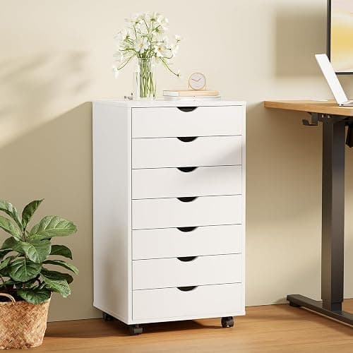 Sweetcrispy 7 Drawer Chest Mobile Storage Cabinets Wooden Dresser with Wheels Room Organization Furniture for Office, Pure White thumbnail 2