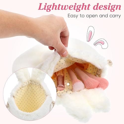 Luxshiny Plush Bunny Ears Drawstring Bag: Soft Plush Bag Cute Bunny Makeup Pouch for Travel and Daily Use, Beige White Cosmetic Pouch Fluffy Purse for Girls thumbnail 5