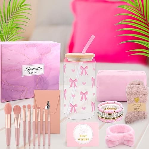 Geschenke für Mädchen Teenager 9 10 11 12 13 14 15 16 Jahre, Einschulung Geburtstag Geschenk Mädchen Glasbecher, Trinkglas mit Strohhalm und Deckel,Schminkpinsel Kosmetiktasche Armband Socken Haarband thumbnail 2