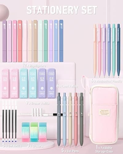 Four Candies School Supplies with Cute Pen Case, 39ct, Pink | Back to School Stationery Set, Essentials for College & Nursing Students, 5 Gel Pens, 6 Mechanical Pencils, 12 Highlighters thumbnail 6