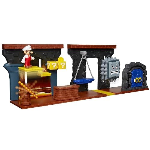Nintendo Super Mario Dungeon Deluxe Play Set, Includes: 2.5” Fire Mario Figure & 7 Interactive Environmentpiece Moving Platforms & Thwomp, Spinning Fire Balls, Hidden Coin, Swing, & Door thumbnail 2