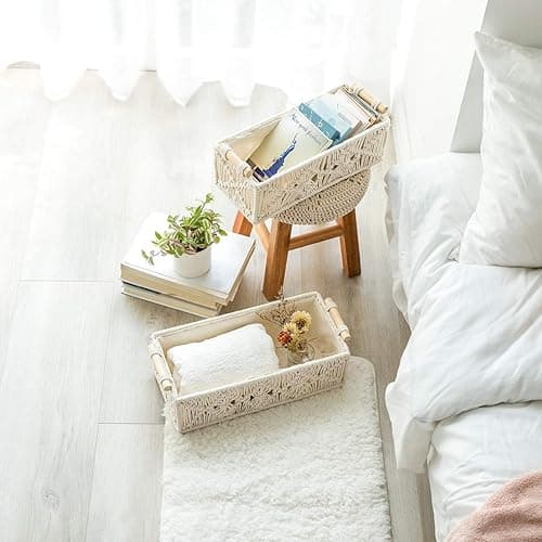 Mkono Macrame Storage Baskets Boho Decor Box Handmade Woven Decorative Countertop Toilet Tank Shelf Cabinet Organizer for Bedroom Livingroom Home, Set of 2, Ivory - Ivory thumbnail 4