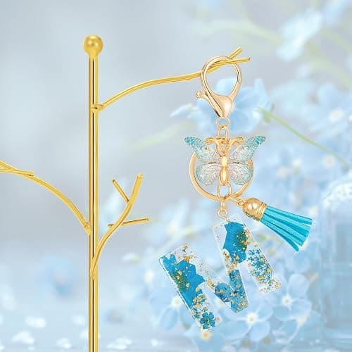 MWOOT Initial Letter Keychain Resin Alphabet Keyrings,Blue Petals Gold Foil Key Ring Charm,Cute Car Key Chain thumbnail 7