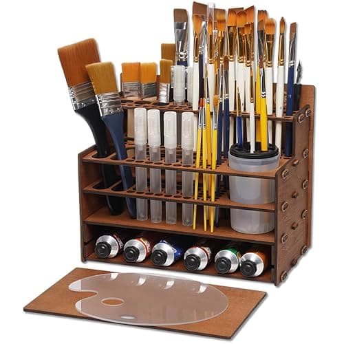 OPHIR Paint Brush Holder, 101 Holes Wooden Paint Brush Organizer with A Mini Acrylic Painting Palette & Cleaner Cup for Painting Brushes, Markers, Colored Pencils Organizer - Image 1