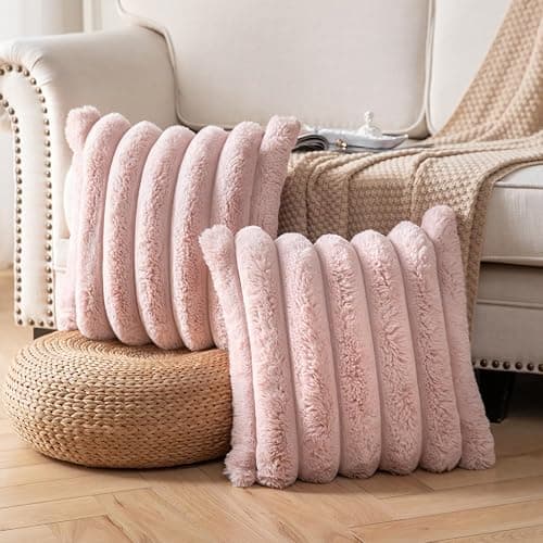 Joyouth Faux Fur Plush Throw Pillow Covers 18x18 Inch Set of 2 - Luxury Decorative Fuzzy Striped Soft Cozy Pillowcase for Couch, Sofa, Living Room - Pink thumbnail 3