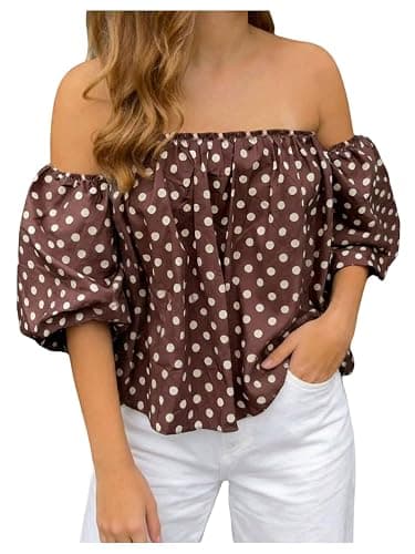 Verdusa Women's Polka Dots Off The Shoulder Blouses Puff Sleeve Tops Summer Brunch Outfits - Image 1