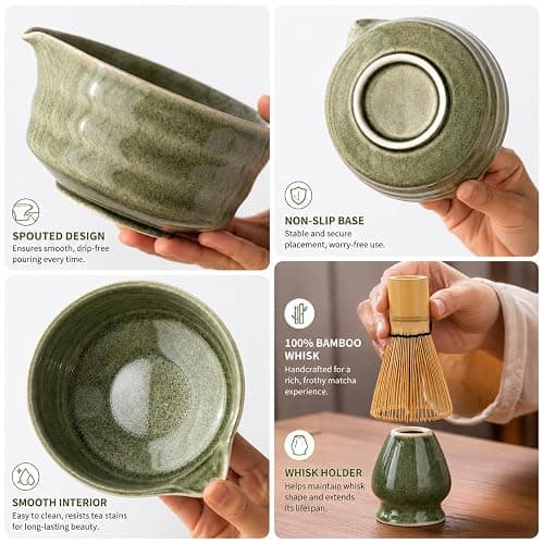 Buucup Matcha Set, Matcha Bowl with Spout, Matcha Whisk and Holder, Bamboo matcha Scoop and Stainless Sifter - 5 Pcs Jade Green Matcha Set Kit for Matcha Lover thumbnail 4