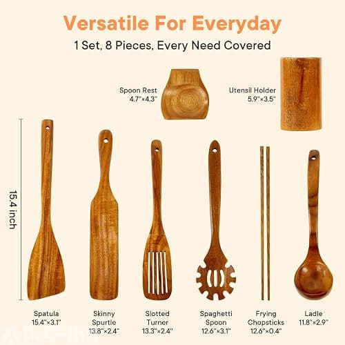 Non-Toxic Wooden Utensils for Cooking - Natural Acacia & Glue-Free,15.4" Large Spatula Set, Long Handle for Scald-Resistant, Wood Kitchen Spoons/Chopsticks/Holder, for Non Stick Frying Pans by ALYFINI thumbnail 2