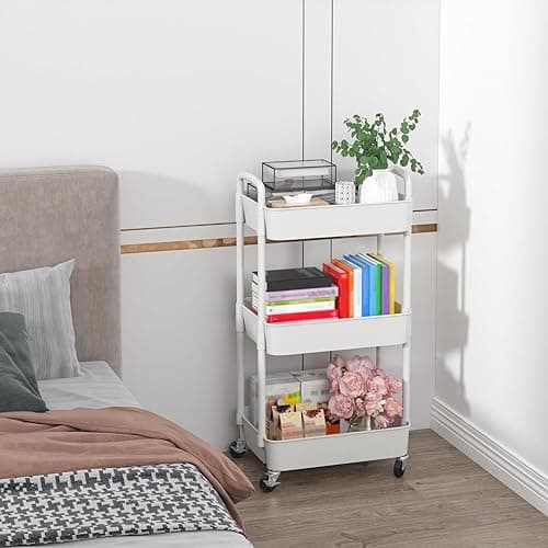 Sywhitta 3-Tier Plastic Rolling Utility Cart with Handle, Multi-Functional Storage Trolley for Office, Living Room, Kitchen, Movable Storage Organizer with Wheels, White thumbnail 8