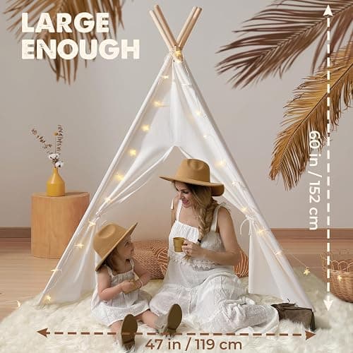 Tiny Land Teepee Tent for Kids – 100% Cotton Play Tent with Padded Mat & Star Lights, Foldable with Carry Bag, Indoor Play Tent for Girls & Boys thumbnail 2