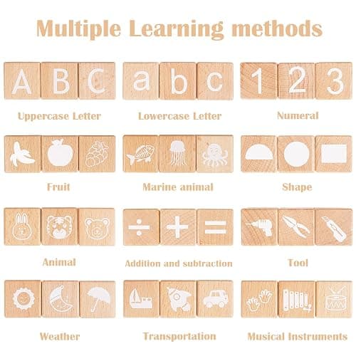 AXEARTE Alphabet Letters Stacking Blocks, 26 Wooden ABC Building Blocks for Toddlers, Number, Animals Icons on Every Side, Preschool Learning Educational Toys Montessori Sensory Toys for Kids thumbnail 4