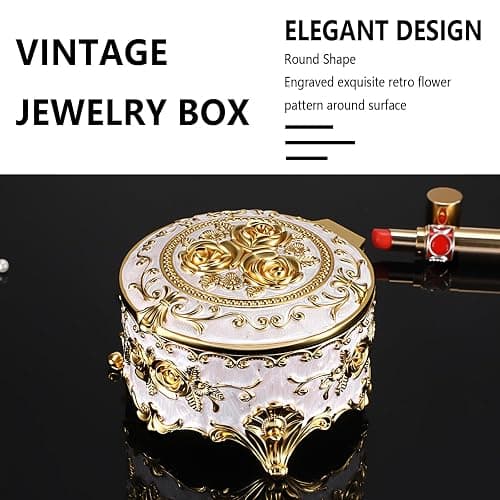 Hipiwe Round Jewery Box Metal Trinket Organizer Decorative Keepsake Box for Trrasure Ring Earring Holder Vintage Jewelry Display Case, Beige, 5.7" L x 5.1" W x 3.5" H thumbnail 4