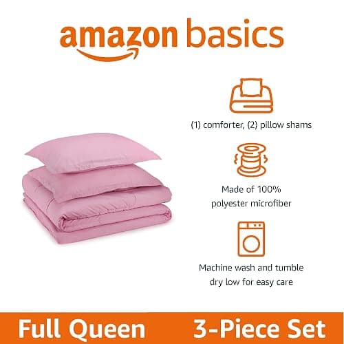 Amazon Basics 3-Piece Soft Microfiber Kid's Comforter and Pillow Sham Set, Full/Queen, Light Pink, Solid thumbnail 2