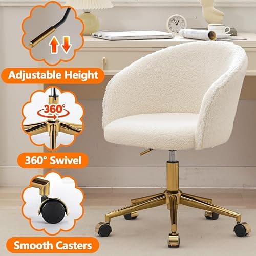 Nahenduo Cute Vanity Chair with Back, Teddy Velvet Desk Chair with Wheels and Gold Legs, Modern Makeup Chairs for Vanity Bedroom Office, Adjustable High 360 Swivel (Teddy White) thumbnail 6