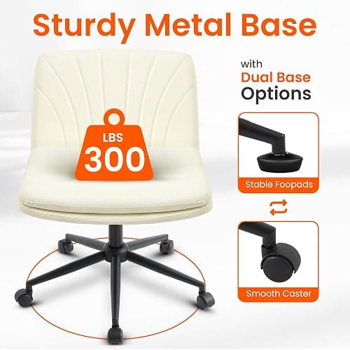Orange Factory Criss Cross Chair with Wheels Comfy Wide Vanity Desk Chair Dual Base Leather Armless Adjustable Swivel for Home Computer Task (Beige) thumbnail 4