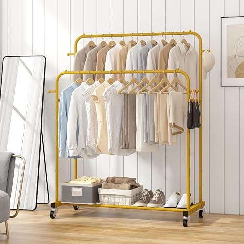 Laiensia Double Rods Garment Rack with Wheels, Clothing Rack for Hanging Clothes,4 Hooks, Multi-functional Bedroom Clothes Rack, Gold thumbnail 5