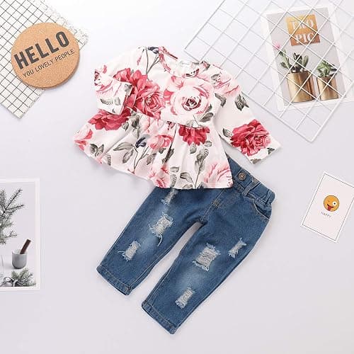 CARETOO Girls Clothes Outfits Cute Baby Girl Floral Long Sleeve Pant Set Flower Ruffle Top thumbnail 4