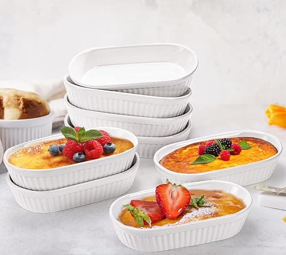 Foraineam 10 Pack White Ramekins, Porcelain Souffle Dishes, Oval Crème Brulée Ramekins for Baking, 6 Ounce Dessert Bowls Set for Soufflé, Pudding, Quiche, Snack, Custard, Dishwasher and Oven Safe thumbnail 5