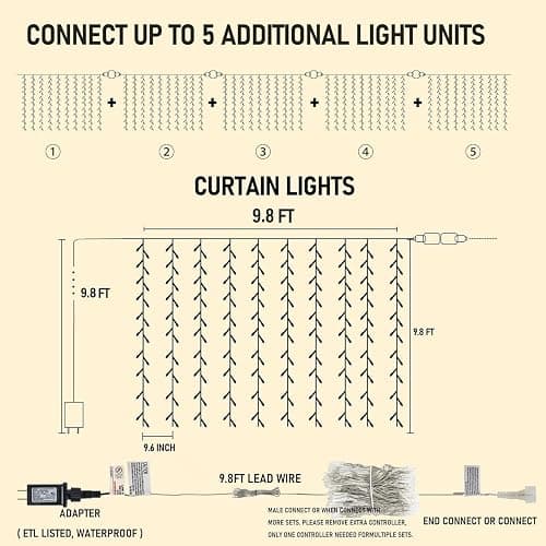 Dazzle Bright 300 LED Curtain Lights, Plug in Fairy Curtain Lights for Bedroom, Christmas Hanging String Lights Outdoor for Window Backdrop Wall Wedding Patio Indoor Dorm Party Decor, Warm White thumbnail 2