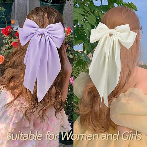 VELSCRUN 3Pcs Hair Bows for Women White Hair Bow Pink Hair Bow Purple Big Hair Bows Clips for Girls Silky Satin Large Hair Ribbons Oversized Long Tail Hair Bows Hair Barrettes Hair Accessories Gifts thumbnail 6