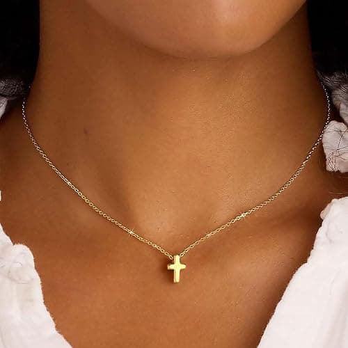 M MOOHAM Cross Necklace for Women Teen Girls, Dainty 14K Real Gold Plated Cross Pendant Necklace Sideways Cross Choker Layered Cross Necklace Gifts for Women Girls thumbnail 2