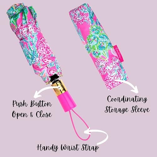 Lilly Pulitzer Travel Umbrella Compact, Cute Umbrella with Automatic Open and Storage Sleeve, Folding Umbrella for Rain or Sun Protection thumbnail 3