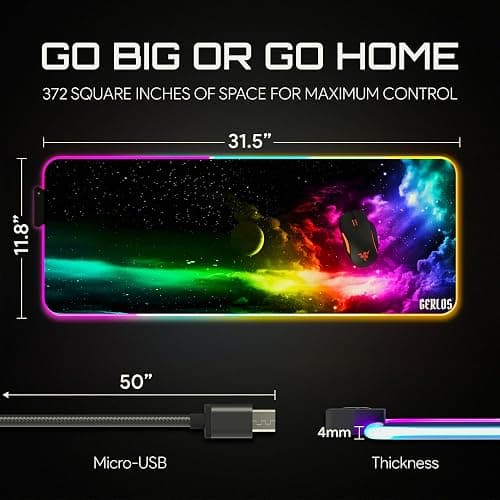 Gerlos RGB Large Gaming Mouse Pad, Extended Soft LED Mouse Pad, Non-Slip Rubber Base, Water Resist Keyboard Pad, Computer Mousepad 31.5×11.8 inches thumbnail 3