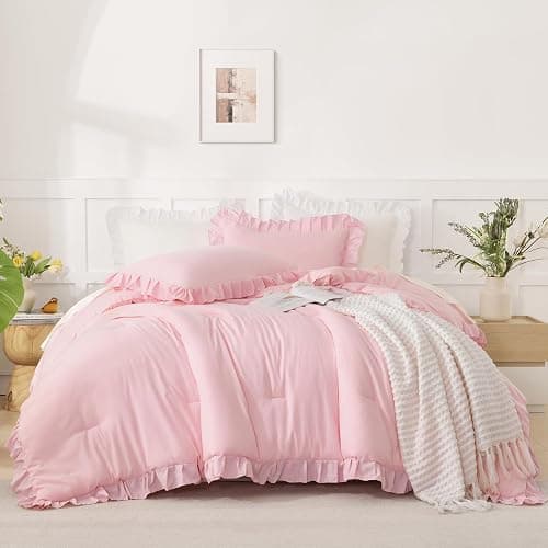 Andency Pink Comforter Set Full, 3 Pieces Lightweight Soft Rustic Pink Ruffle Comforter Women Girls, Solid Farmhouse Shabby Chic Microfiber Bedding Comforter Set | Bedding Comforter Set, Soft, Lightweight, Ruffle, Women Girls, Shabby Chic, Farmhouse, Solid thumbnail 2