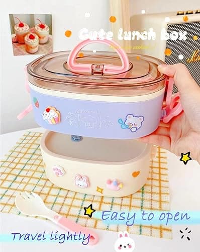 Paidideng Kawaii Bento Box Bento Lunch Box with Lunch Bag,Tableware,Biscuit bags,2 Layers Stacked Leakproof Cute Lunch Box,for Travel,Office,Gym. (purple) thumbnail 3