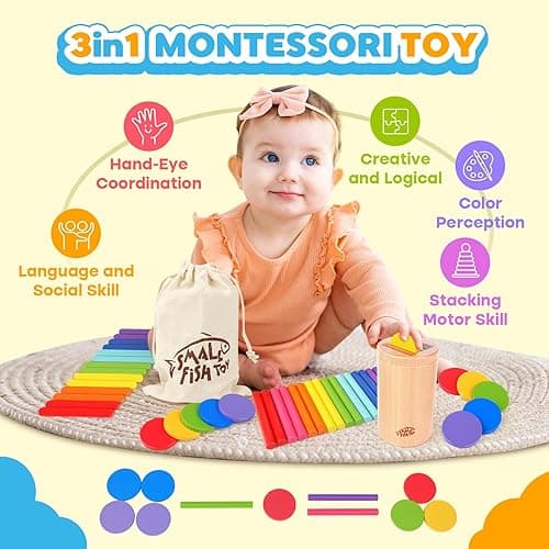 Wooden Montessori Baby Toddler Toys: 3 in 1Learning Fine Motor Skills Juguetes, Educational Color Sorting Fidget Sensory Toys for Toddlers 1-3, Object Permanence Cause and Effect Boys Girls Gifts - 3 in1 thumbnail 6