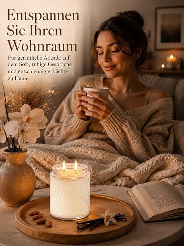 Vanille Duftkerze im Glas, 210g Sojawachs, Entspannung & als Geschenkidee | 2 Baumwolldochte, gleichmäßiger Abbrand, handgegossene Kerze, strukturiertes Glas, warmer süßer Vanilleduft, bis zu 50 Std. thumbnail 3