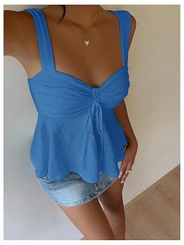 Milumia Women's Eyelet Tie Front Ruched Tank Tops Y2k Drawstring Sexy Going Out Top thumbnail 2