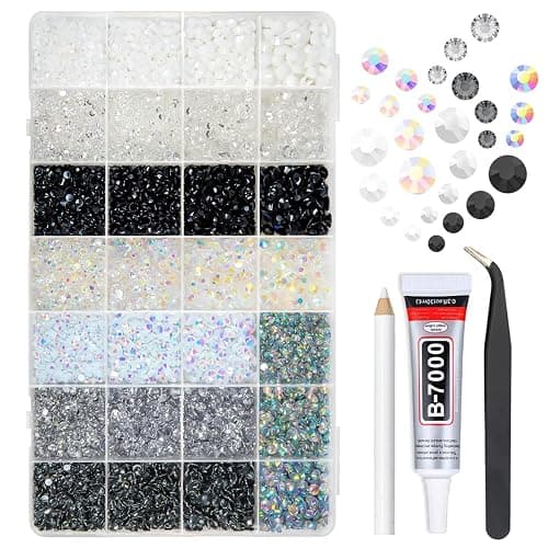 qiipii 28 Types Black White Silver Clear Jelly Resin Rhinestones w B7000 Glue for Bedazzling Crafting 3-6mm Flatback Stones Gems Diamonds Crystals for Face Makeup Crafts Tumblers Bottles Clothes Shoes - Image 1