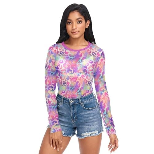 Gugusary Women's Long Sleeeve Mesh Shirts Red Heart Tops See Through Going Out Blouses Sexy Slim Fit T Shirt S thumbnail 4