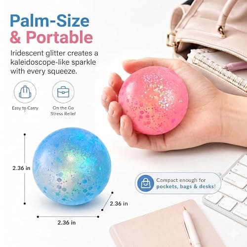 Gexalno 2PCS Glitter Sugar Stress Ball for Adults Stress Relief and Hand Exercise, 2.36 inch Squishy Squeeze Ball Fidget with TPR for Office, Classrooms, Travel, Parties thumbnail 2