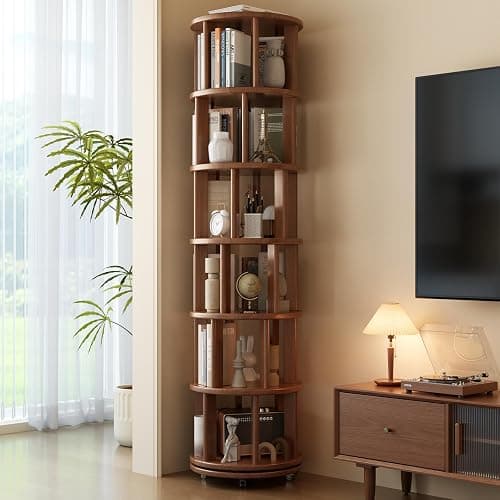 Muwuele 6 Tier Rotating Bookshelf Tower, Solid Wood Bookshelf on Wheels, Circular Book Shelf Rotating, Revolving Bookcase for Small Spaces, Corner Book Case, Spinning Book Shelf for Bedroom, Walnut - Image 1
