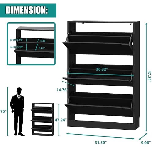 Xixini Shoe Storage Cabinet for Entryway with 3 Flip Drawers, Sturdy Wood Hidden Shoe Storage, Freestanding Narrow Slim Shoe Organizer for Front Door Entrance, Living Room, Hallway, Bedroom, Black thumbnail 2